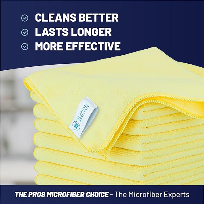 Microfiber Wholesale MW Pro 16x16 Commercial Cleaning Rags - Professional Janitorial Supplies for Dusting Office &amp Heavy Duty Cleaning - Multi-Surface Dusters (Yellow 12-Pack)
