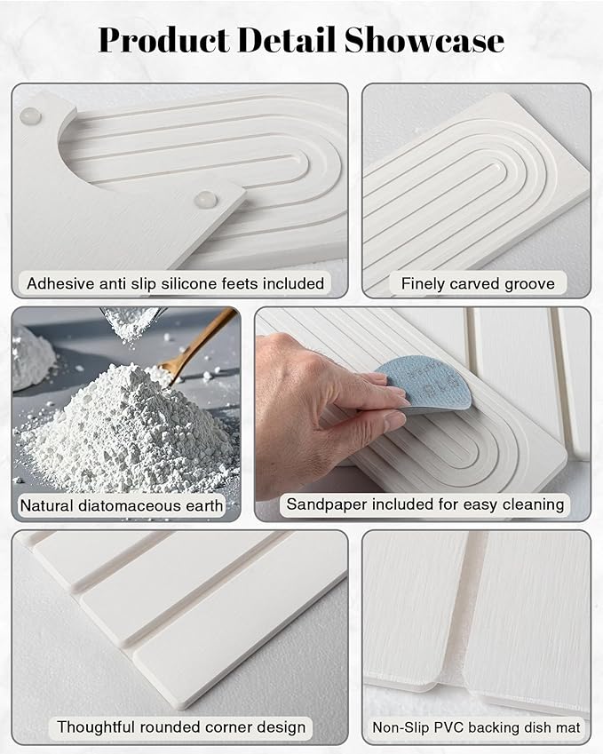 3PCS Set Large Stone Drying Mat for Kitchen Counter Foldable Collapsible Fast Drying Stone Dish Mat Water Absorbing Natural Diatomaceous Earth Bath Mat Quick Dry Stone Tray Bathroom Countertop White