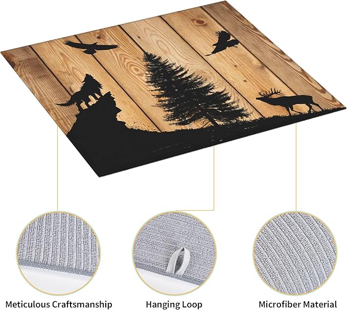 Retro Rustic Wolf Deer Forest Brown Wood Dish Drying Mat for Kitchen Counter 16x18 Microfiber Absorbent Fast Dry Mat 2Pcs Dish Mat Faucet Mats Sets Large Drying Kitchen Mat Kitchen Drying Pad