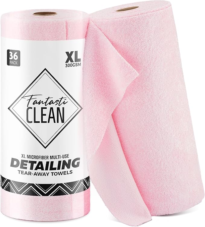 Fantasticlean XL Tear-Away Microfiber Cleaning Cloth Roll 16'' by 16''- 36 Sheets Thick &amp Large Detailing Towels Ultra Absorbent Lint-Free Reusable Wipes for All-Around Cleaning (Glossy Pink)