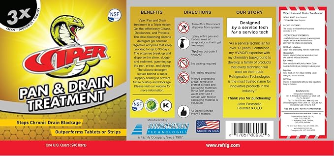 Refrigeration Technologies Viper Pan &amp Drain Treatment 1 Qt RT800S or 1 Gal RT800G Yellow (1 Gallon 1)