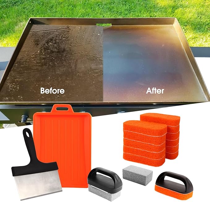 Upgraded Griddle Cleaning Kit for Blackstone 18 Pieces Flat Top Grill Accessories Cleaner Tool Set with Scraper Heat-Resistant Silicone Spatula Mat with Hanger Grill Brick Scouring Pads