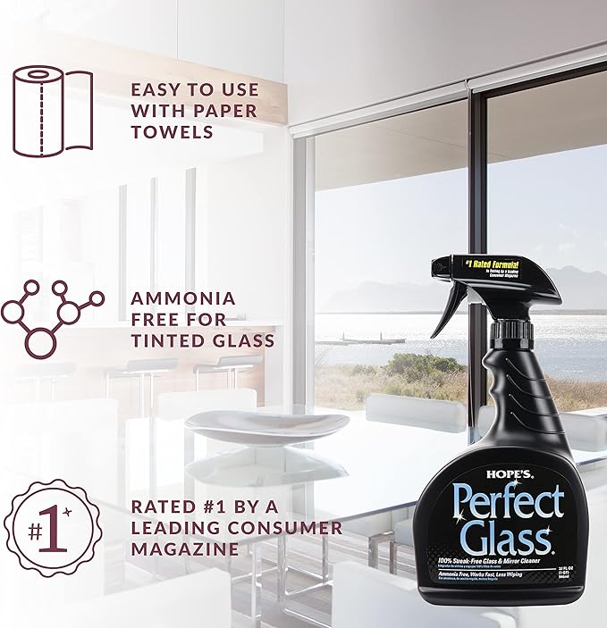 HOPE'S Perfect Glass Cleaner Spray Streak-Free Ammonia-Free Window Mirror Screen Tinted Glass and Shower Door Cleaner Indoor and Outdoor Glass Surfaces 32 Fl Oz Pack of 6