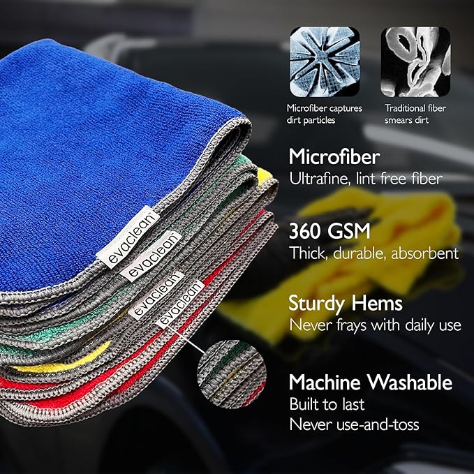 EvaClean Premium Microfiber Cleaning Cloth 16x16 - Reusable Washable Non-Scratch Microfiber Towels for Cleaning Dusting Polishing High Absorbency &amp Durability 4 Colors 24-Pack