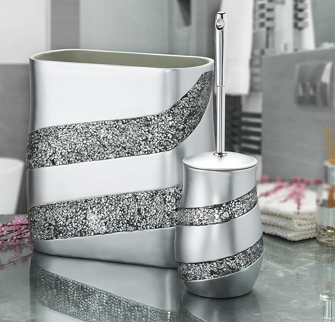 Creative Scents Silver Mosaic Toilet Brush and Holder Set - Toilet Bowl Brush and Holder Sturdy Toilet Cleaner Brush with Stainless Steel Handle Bathroom Toilet Scrubber Brush with Decorative Holder