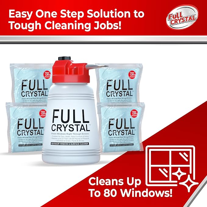 Full Crystal Window Cleaning Kit – 16 oz Glass Cleaner and Bottle with 27 ft Reach Each 4 oz Bag Makes Up to 640 fl oz Cleans Up to 80 Windows Scrub-Free Rinse-Free