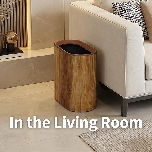Trash Can for Bathroom 3.7 Gal Plastic Marble Wood Pattern Small Office Garbage Can for Bedroom Kitchen Slim Trash Bin Waste Basket Decorative Modern Trashcans (Plastic Wood Pattern)