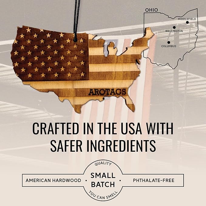 Arotags Reusable Wood Car Air Freshener Cool Breeze Scent USA Flag Design Hanging Diffuser with Fragrance Oil Refill