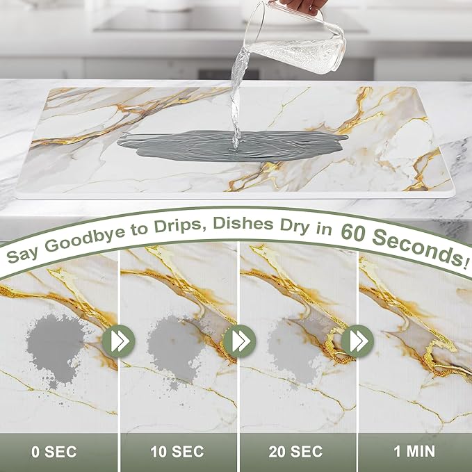 Large Stone Drying Mat for Kitchen Counter 24 × 16 Diatomite Dish Drying Mat Quick Dry Stone Mats Ultra Absorbent Natural Diatomaceous Earth Mats for Dished Bottles White Marble