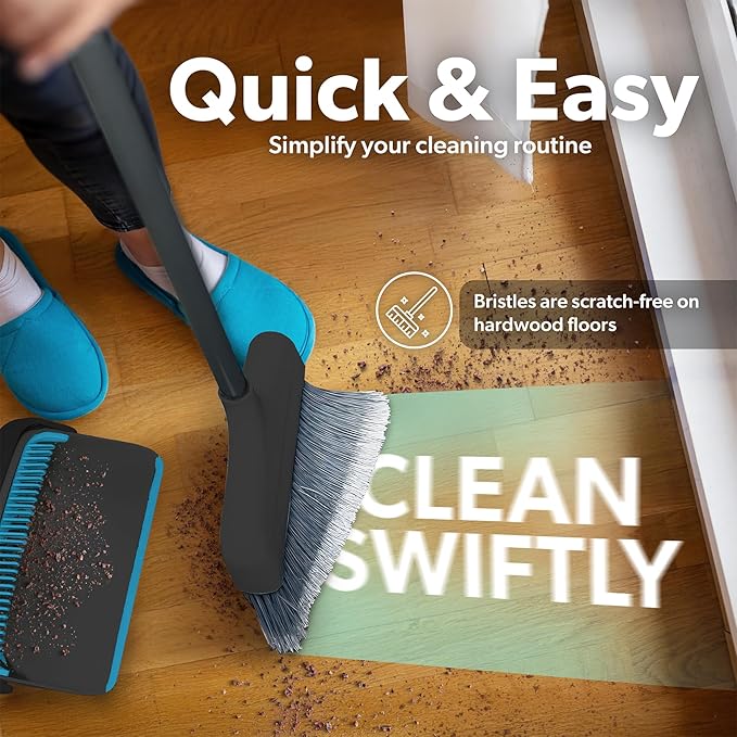 BLACK+DECKER Butler Broom &amp Dustpan Set - Short Handle Stand-Up Design - Lightweight Space-Saving Combo for Kitchen Living Room Bathroom Lobby Floors - Home Cleaning Essential Black/Blue