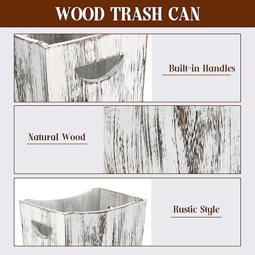 Rustic Wooden Trash Can Set 2-Pack Small and Large Wastebasket with Handle Farmhouse Style (Farmhouse White)