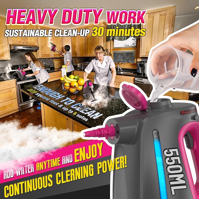 Heavy Duty Handheld Steam Cleaner for Cleaning with Lockable Steam Button&amp11pcs Accessories Unlimited Water Addition for Continuous Steaming Multi-Purpose Steamer for Cleaning Car Grout (Purple