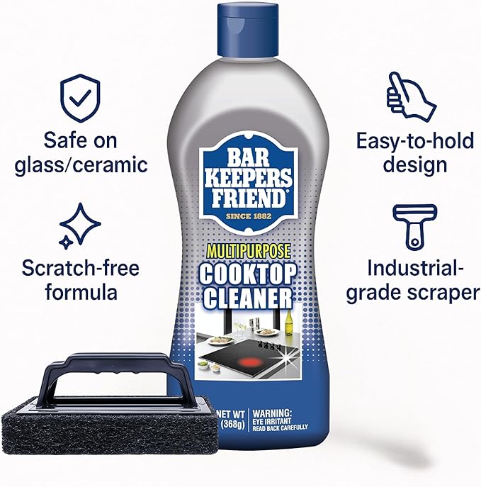 Glass StoveTop Cleaner For Electric Stove Flat Top. Kit Includes Cleaner Liquid Scraper Tool &amp Scrub Brush For Streak-Free Ceramic Gas &amp Induction Stove. Removes Grease &amp Oil Stains (