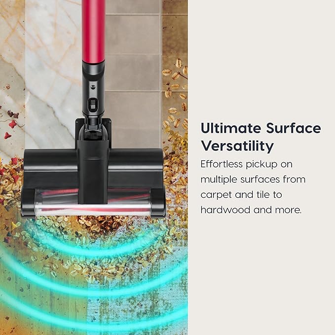 Cordless Vacuum Cleaner 11-inch Powerhead Self-Standing Design Fast Charging 50-Minute Runtime LED Dust Sensor Red