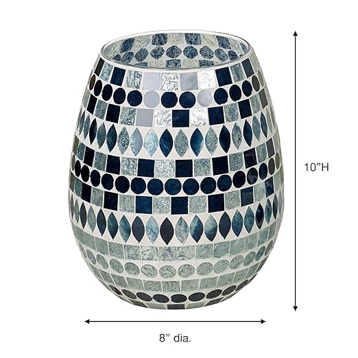 Touch of Class Mosaic Sea Wastebasket Multi Jewel Laser-Cut Hand-Cut Stripes in Blue Sapphire and Aqua Mist Hues on a Natural Clay 10 Inches High