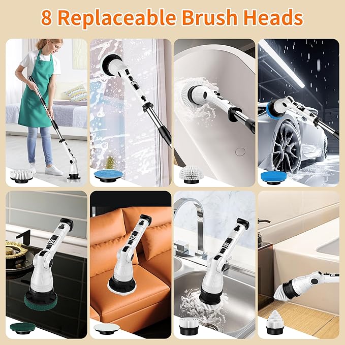 Electric Spin Scrubber Power Electric Scrubber for Cleaning Shower Cordless Cleaning Brush with 6 Adjustable Angles8 Brush Heads 3 Speed Mode Electric Cleaning Brush for Bathroom/Tub/Floor/Tile