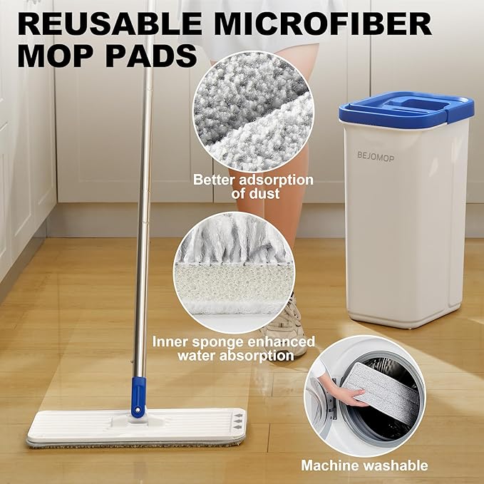 Mop and Bucket Set Mops for Floor Cleaning with Long Handle Squeeze Flat Mop and Bucket System Dry &amp Wet Dust Mops for Household Floor Cleaning with 3 Microfiber Mops Slate Blue