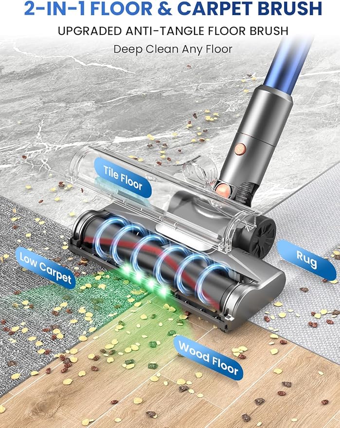 Dzaki Cordless Vacuum Cleaner Stick Vacuum with Smart LED Display 50KPA 55Mins Vacuum Cleaners for Home Powerful Suction Anti-Tangled Lightweight Rechargeable Vac for Pet Hair Carpet