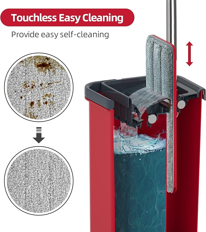 Mop and Bucket with Wringer Set Flat Mop and Bucket Squeeze Floor Mop with 3 Washable Microfiber Mops Wet and Dry Use Household Cleaning Tools for Hardwood Floor Laminate Tile