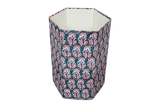 3.3 Gallon Cotton Hand Block Printed Paper Waste Basket |Small Decorative Trash Can for Housewarming Gifts in Living Room Bedroom Bathroom | Eco-Friendly Plastic-Free (1 Green Blue RED Tree)