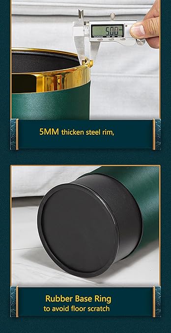 Elegant Leather Trash Can Decorative Metal Wastebasket with Removable Stainless Steel Ring - Open Top Garbage Bin for Office Bedroom Hotel (Morandi Green 10L)