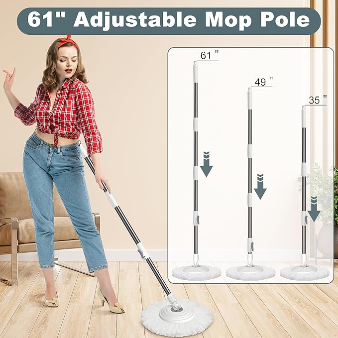 Mop and Bucket with Wringer SetSpin Mop and Bucket System Mops for Floor CleaningHousehold Supplies Tools with 6 Replacement Refills61 Extended Handle for Household Hardwood Floor - White