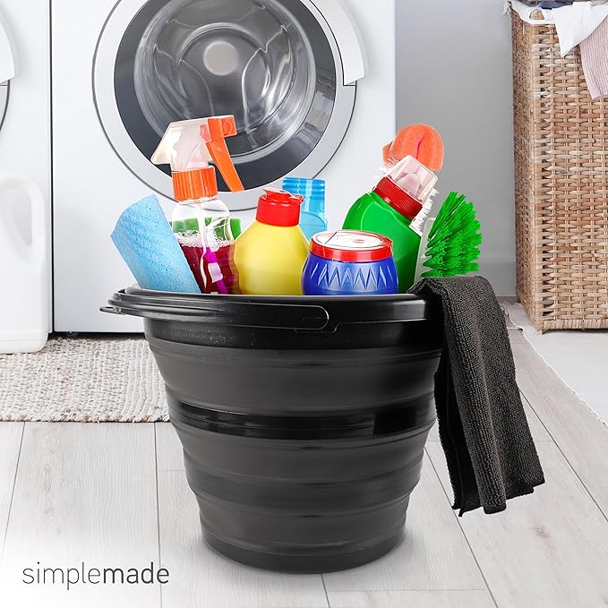 SIMPLEMADE Collapsible Bucket Cleaning Set - Includes 2 Foldable Buckets Spray Bottle Rag Scrubbing Brush and Sponge - Holds Up to 10 liters Easy Storage All-Purpose Cleaning Solution