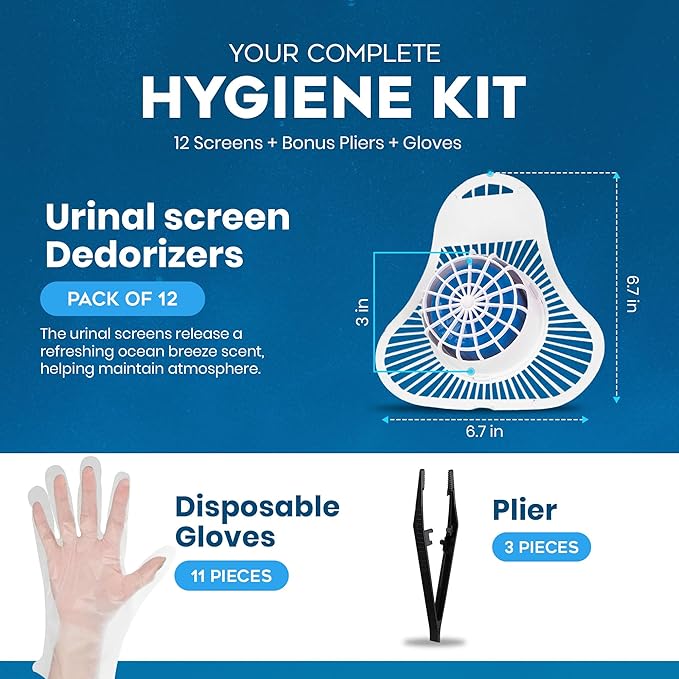 The ULTIMATE Urinal Cakes for Men Bathroom Up to 3000 Flushes12 Pack Urinal Screen Deodorizers Ocean Breeze Splash-Free Design Fits All Urinals Urinal Deodorizer Gloves &amp Tongs included