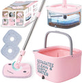 True &amp Tidy® True Clean Mop and Bucket System Includes Square Spin Dual Compartment Mop Bucket and 2 Thick Machine Washable Pads New Upgraded with Side Brush &amp Self Standing Handle Rose
