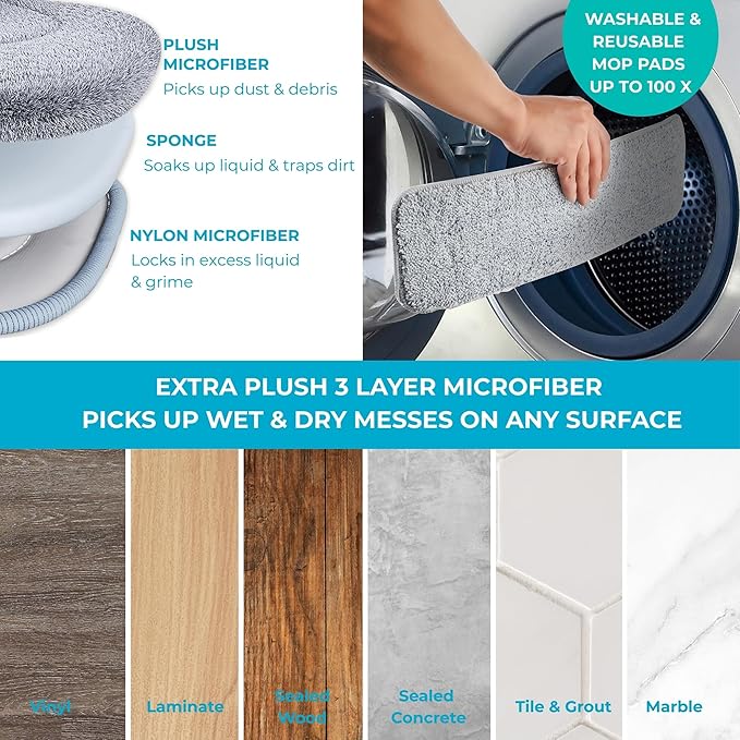 True &amp Tidy® SPRAY-250 Multi-Surface Spray Mop with Refillable Water Bottle for Floor Cleaning Works on Wood Tile Marble etc Use Any Cleaning Solution Machine Washable Microfiber Mop Pads Bl