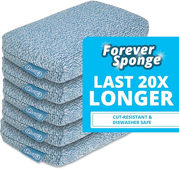 Grill Rescue Heavy Duty Kitchen Sponge - Lasts 20x Longer Scratch-Free Safe for Non-Stick Cookware - Cut Resistant Versatile Household Bathroom &amp Outdoor Cleaning Supplies (5 Blue)