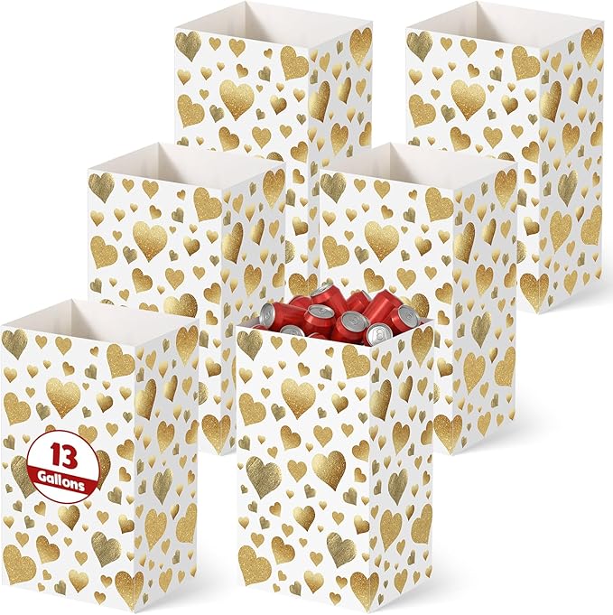 Tinlade 6 Pack 13 Gallon Golden Heart Disposable Trash Cans for Parties Extra Large Thick Waterproof Pop up Recycling Bins Foldable Garbage Bins for Wedding Baby Shower Birthday Party