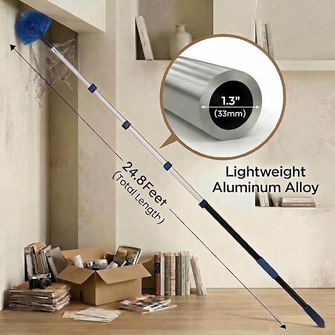 30ft High Ceiling Duster Kits with 5-24ft Heavy Duty Extension Pole - Fan Blade Cleaner Cobweb Remover &amp Blue Window Squeegee Kit Washable Dust Brush for High Roof and Glass Surfaces