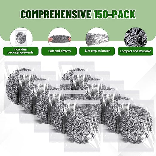 Honeydak 150 Pack Stainless Steel Scourers Steel Wool Scrubbers Bulk Separately Packaged 2.5 Inch 15 Gram Metal Scourers Sponges Wire Scouring Pad for Stove Pot Pan Oven Kitchen Restaurant(Classic)