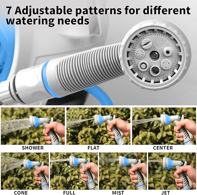 Garden Retractable Hose Reel Portable Simple Home Hose Reel 45+5 FT with 7 Patterns Spray Nozzle Wall Mounted and Any Length Lock for Garden Watering Car Washing Pet (Blue)