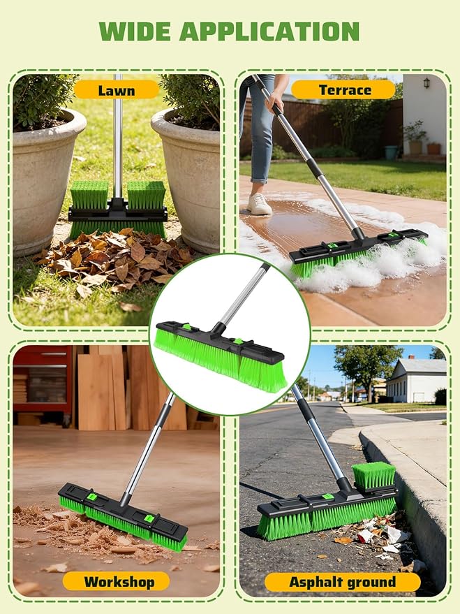 18”/45cm Large Wide Adjustable Heavy Duty Outdoor Push Broom Stiff Brush Head with 4 Section Threaded Handle 60/152cm for Warehouse Driveway Garage Patio Sidewalk Floor Dirt Workshop Deck Cleaning
