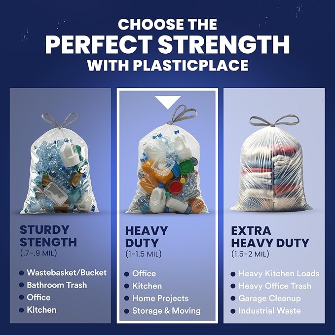 Plasticplace 13 Gallon Trash Bags │ 1.0 Mil │ Clear Extra Tall Drawstring Garbage Can Liners │ 24 x 31 (200 Count)