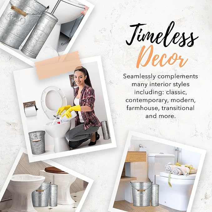 Autumn Alley Rustic Farmhouse Bathroom Trash Can and Toilet Brush Set - Rustic Bathroom Accessories for Charming Galvanized Bathroom Décor Galvanized Grey 2 Gal. Capacity