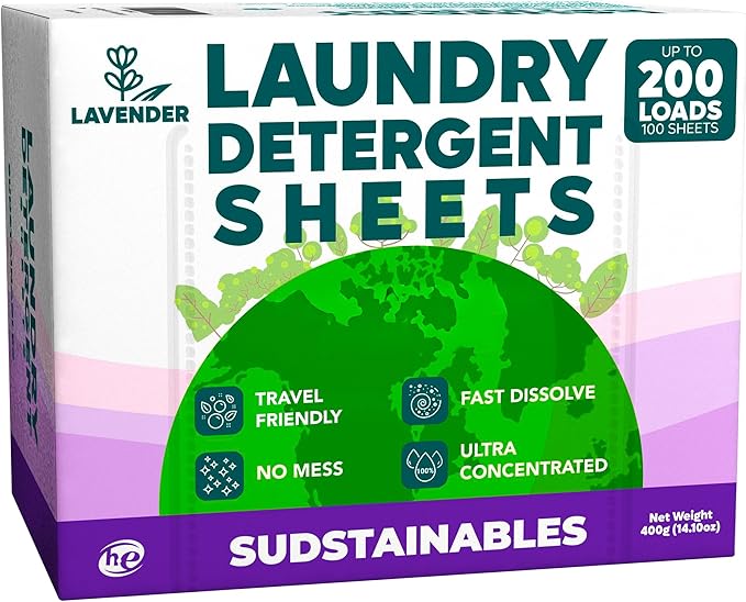 Sudstainables Laundry Detergent Sheets 200 Loads – Dissolvable Laundry Sheet for Washing Machines Compact Alternative to Liquid &amp Powder Detergent Travel-Friendly Soap | Lavender