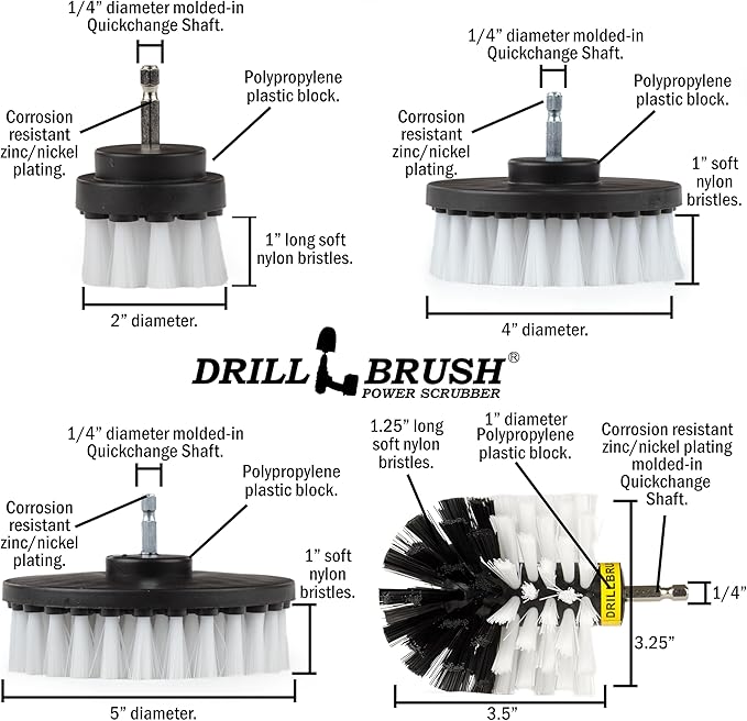 Interior Car Detailing Drill Brush Set - Soft Bristle Power Scrubber Attachments for Cleaning Car Truck Upholstery Carpet Leather Seats Wheels Rims Dash Console &amp Trim - Nylon Auto Scrub