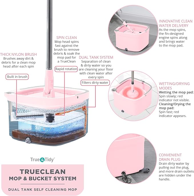 True &amp Tidy® True Clean Mop and Bucket System Includes Square Spin Dual Compartment Mop Bucket and 2 Thick Machine Washable Pads New Upgraded with Side Brush &amp Self Standing Handle Rose