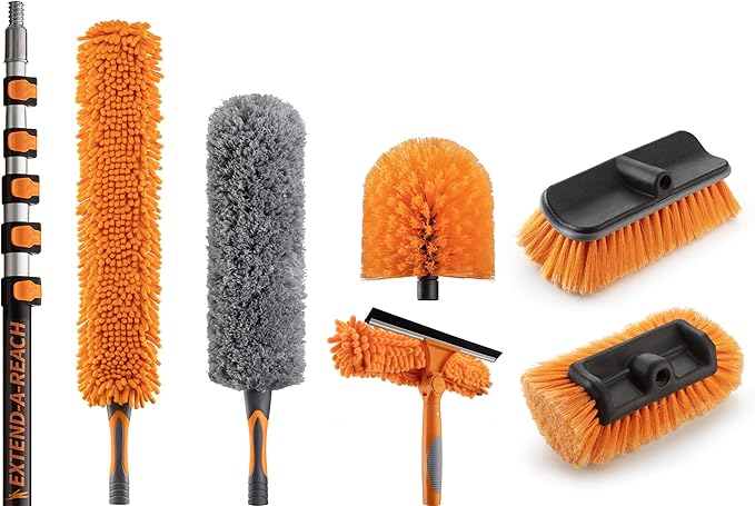 30 Foot High Reach Telescoping Duster Kit and Vinyl Siding Brushes with 5-24 ft Extension Pole // High Ceiling Cleaning and Window Washing kit // Exterior &amp Interior House and Gutter Cleaning Brus
