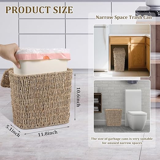 Wicker Waste Basket with Lid and Liner Woven Seagrass Trash Can Bathroom Trash Can Boho Garbage Wastebasket for Bedroom Home Living Room Office Kitchen 2.5 Gallon