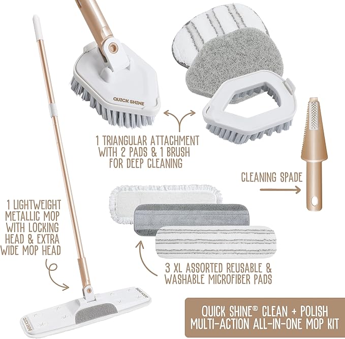 Quick Shine Ultimate Gold Clean + Polish Mop Kit | All-in-One 9 Pc Kit w/Interchangeable Attachments | No Batteries Needed | Pro Cleaning System for All Floor Types | 2-in-1 Mop