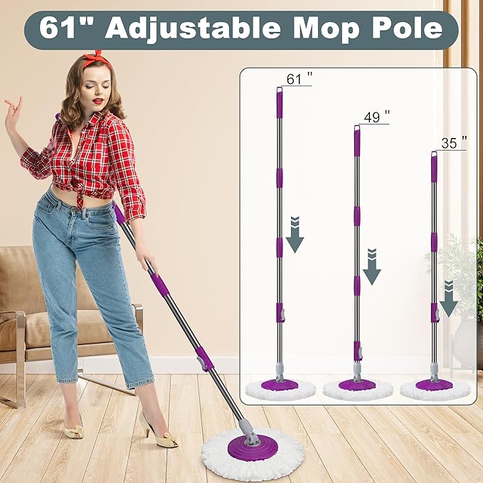 Dual Compartment Spin Mop and Bucket Mop and Bucket with Wringer Set360°Rotating Spinning Mopping for Floor Cleaning with 6 Microfiber Replacement Heads 61 Extended Handle 2X Wheel