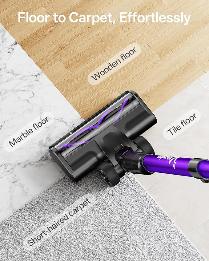 Cordless Vacuum Cleaner 8-in-1 Cordless Stick Vacuum Cleaner with 3 Suction Modes Up to 45mins Runtime Rechargeable Self-Standing Vacuum Cleaners for Home Pet Hair Carpet Car Hard Floor Purple