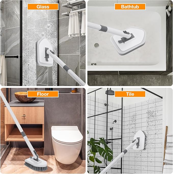 4 in 1 Shower Scrubber Cleaning Brush Tub and Tile Scrubber with Long Handle Grout Brush Stiff Bristles Scrub Sponge Brushes Microfiber Pad for Toilet Bathroom Kitchen Wall Floor Glass Bathtub Sink