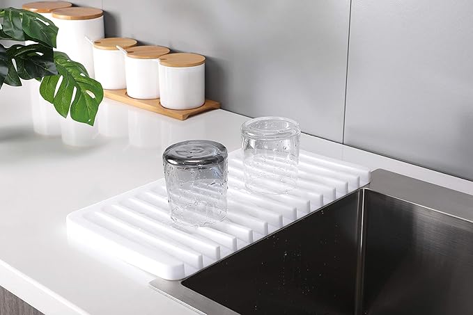 Self-Draining 2 in 1 Silicone Drying Mat and Trivet by Modern Joe's. Premium Space Saving Dish and Glassware Silicone Mat. Made from Food-grade Dish Washer Safe and Heat Resistant (White)
