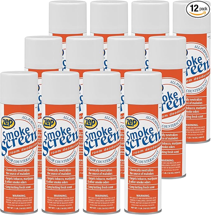 Zep Smoke Screen Deodorizer Spray 16 Oz Aerosol 18701 (Case of 12) eliminates all types of odors produced by cigars cigarettes pipes food and cooking body wastes garbage animals and fire