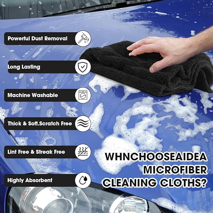 Shimeyao 30 Pcs 16 x 16 Inch Edgeless Microfiber Plush Towels for Cars Detailing Drying Wash Polishing Absorbent Cleaning Cloths 500 GSM(16 x 16 Inch Black 30 Pcs)